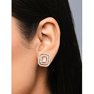 Toniq Luxurious Gold Plated American Diamond & Pink Stone Studded Geometric Stud Earring for Women