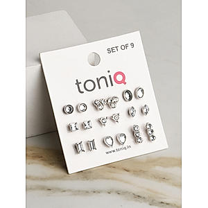 Toniq Silver Plated Stud Earring Set Of 9 Combo For Women