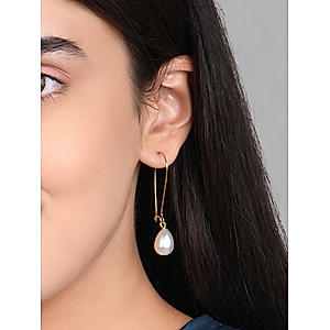 Toniq Gold Plated Classic White Pearl Drop Earrings For Women