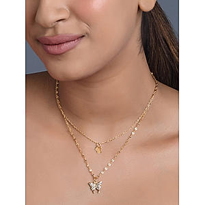 Toniq Gold Plated Butterfly Charm Pendant Layered Necklace For Women