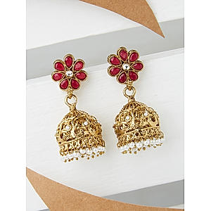 Ruby Gold Plated Floral Jhumka Earring