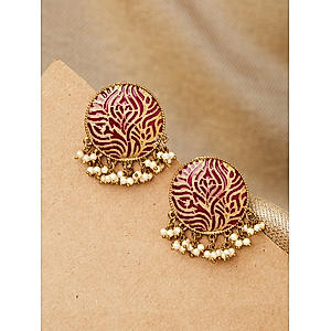 White Beads Pink Enamelled Gold Plated Textured Spherical Stud Earring