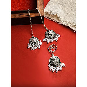 Fida Ethnic Set of 3 Oxidised Silver Plated Pearl Detail Floral Maang Tikka for Women