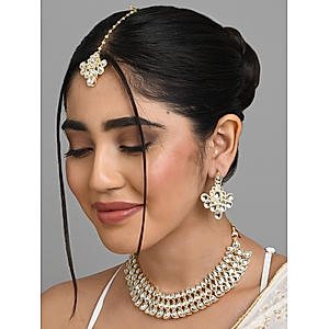 Fida Ethnic south Indian Traditional Antique gold white Pearl & kundan Choker Necklace, Earring and Maang Tikka set for women