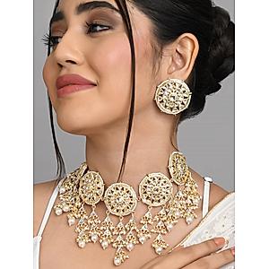 Fida Ethnic ndian Traditional Antique gold white Pearl & kundan Necklace and Earring  set for women