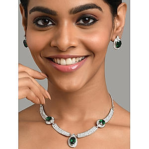 American Diamond Emerald Silver Plated Jewellery Set
