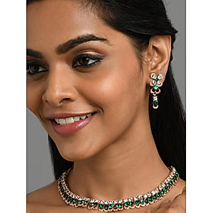 American Diamond Emerald Rose Gold Plated Floral Jewellery Set
