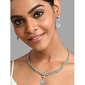 American Diamond Sapphire Silver Plated Floral Jewellery Set