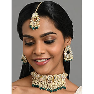 White Green Pearls Kundan Gold Plated Floral Jewellery Set with Maangtikka