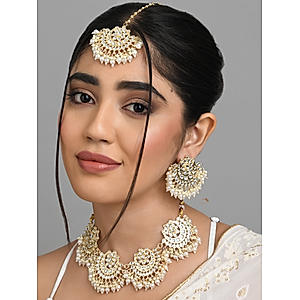 Fida Ethnic  Indian Traditional Antique gold white Pearl & kundan Choker Necklace, Earring and Maang Tikka set for women