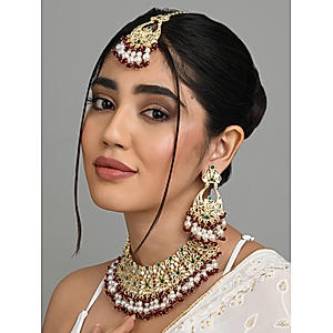 Fida Ethnic Indian Traditional Maroon Pearl & Kundan Necklace,Earring & Maang Tikka Jewellery Set For Women