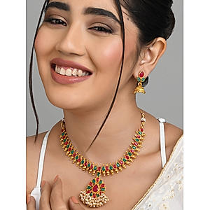 Fida Ethnic south Indian Traditional Antique Gold Marron Green Pearl & kundan Necklace and Earring set for women