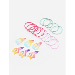 Toniq Kids Set Of 18 Multi Rainbow Color Bow Hair Clip & Rubber Band Set For Girls