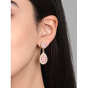ToniQ Stylish Gold Plated Teardrop Pearl & Pink Beads Drop Earring For Women