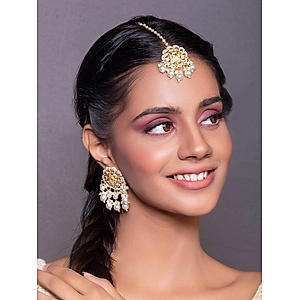 Kundan Pearls Gold Plated Floral MaangTikka & Earring Set