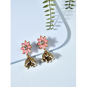 Pink Stones Gold Plated Floral Jhumka Earring