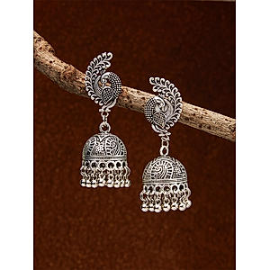Silver Plated Oxidised Peacock Jhumka Earrings