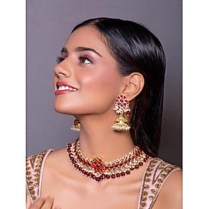 Ruby Kundan Pearls Gold Plated Floral Jewellery Set