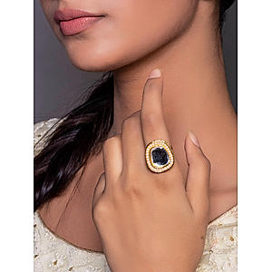 White Beads Kundan Gold Plated Ring