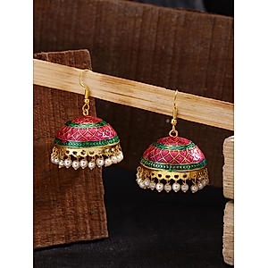 Pink Green Enamelled Gold Plated Meenakari Jhumka Earrings