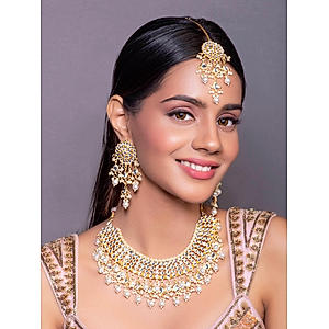 Pearl Kundan Gold Plated Bridal Jewellery Set with Maangtikka