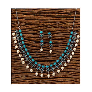 Blue Stones Pearls Silver Plated  Oxidised Jewellery Set