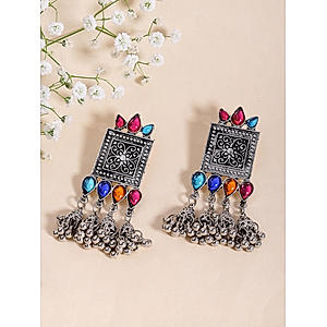 Multicolor Stones Silver Plated Oxidised Floral Jhumka Earring