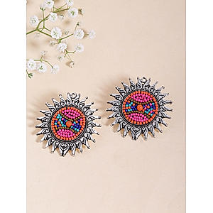 Multicolor Beads Silver Plated Oxidised Stud Earring