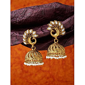 Pearls Gold Plated Peacock Jhumka Earring