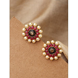 Ruby Pearl Black Enamelled Gold Plated Floral Stud Earrings