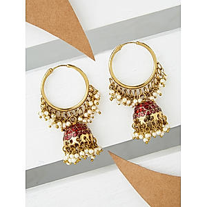 White Beads Red Enamelled Gold Plated Hoop Jhumka Earring