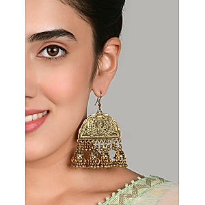 Fida Ethnic Golden Plated Afghni Drop Hook Earrings For Women