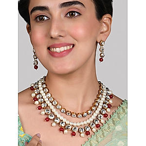 Fida Ethnic Gold Plated Maroon Beaded Kundan Layer Necklace Set For Women