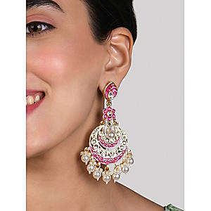 Fida Ethnic Gold Plated Hot Pink Enamel And Pearl Kundan Floral Drop Earings For Women