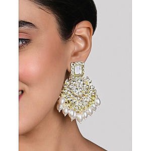 Fida Ethnic Gold Plated Pearlss & Kundan Studded Drop Earrings For Women