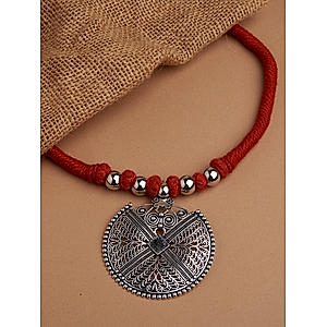Red Metal Beaded Silver Plated Oxidised Spherical Necklace