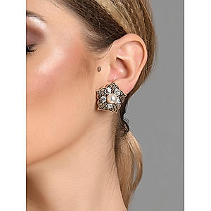 Black Blue Pearl Stones Gold Plated Floral Stud Earring