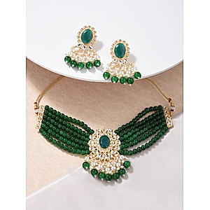 Fida Ethnic Indian Traditional Gold Plated Green Beaded Layered Choker Necklace & Earrings Jewellery Set