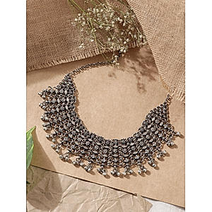 Ghungroo Silver Plated Oxidised Floral Choker Necklace