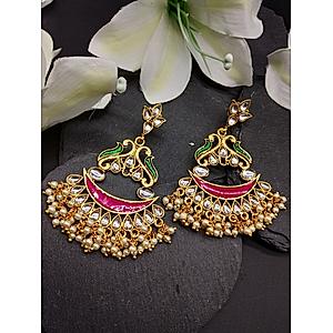 Kundan Beads Pink Green Enamelled Gold Plated Chandbali Earring