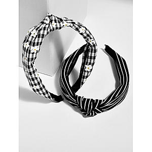Set of 2 Black & White Striped Checked Floral Hair Band