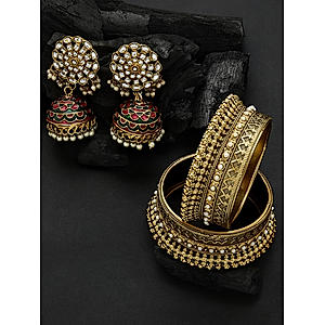 Set of 2 Gold Plated Bangles & Kundan Enamelled Jhumka Earring 