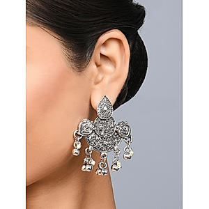Fida Ethnic Silver Plated Oxidised Engraved Drop Earring For Women