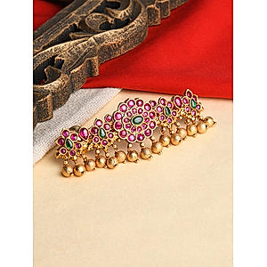 Fida Ethnic Gold Plated Red & Green Stone Studded Floral Barrette Hair Clip For Women
