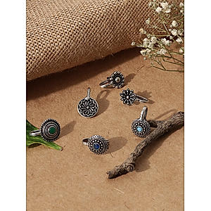 Set Of 6 Stones Silver Plated Oxidised Floral Tribal Nose Pins 