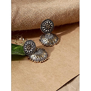 Dual Toned Silver Plated Oxidised Floral Jhumka Earring
