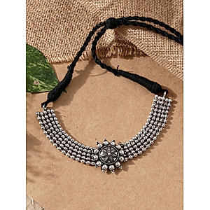 Metal Beaded Silver Plated Oxidised Floral Choker Necklace 