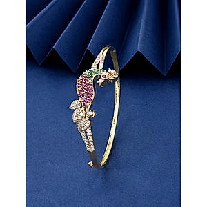 American Diamond Ruby Emerald Gold Plated Peacock Bangle-Style Bracelet