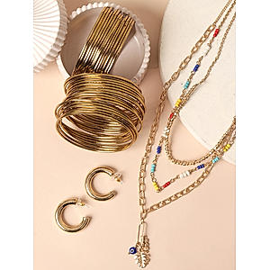 Gold Plated Evil Eye Layered Necklace, Hoop Earrings & Bangles