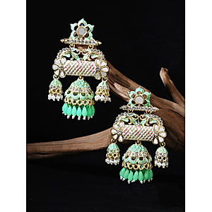 Fida Gold Plated Green & Peach Enamel Jhumka Earrings For Women